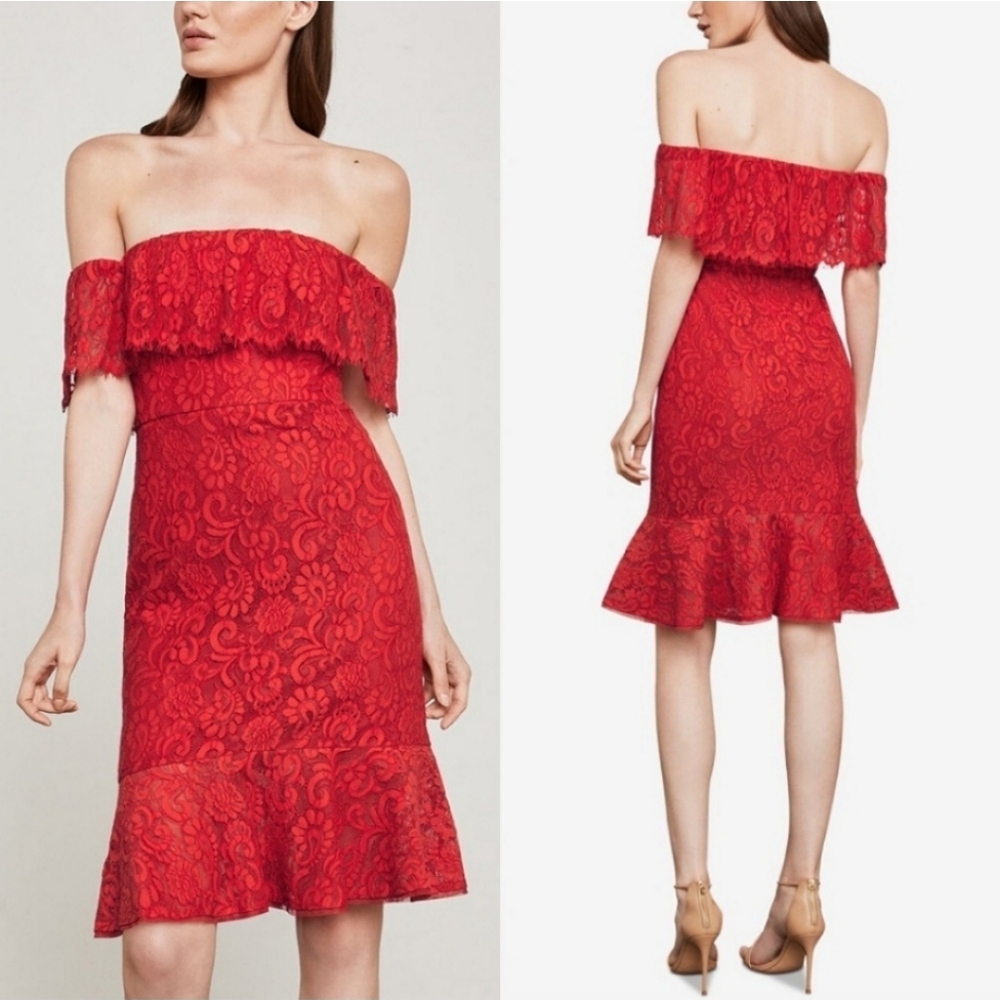 BCBG MaxAzaria Red Off Shoulder Overlay Lace Dress Size 8